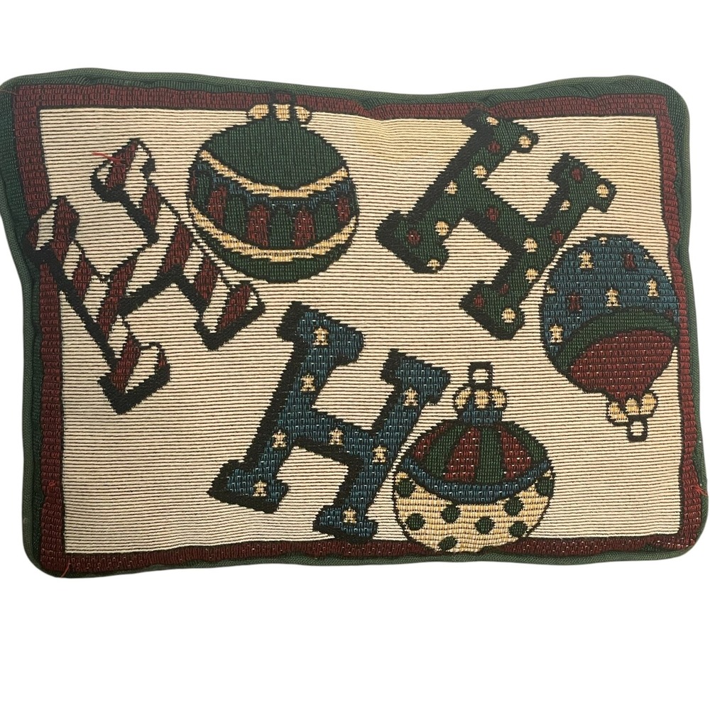 Christmas Tapestry Accent Pillow 8x12 Ho Ho Ho Ornament Green Maroon Festive